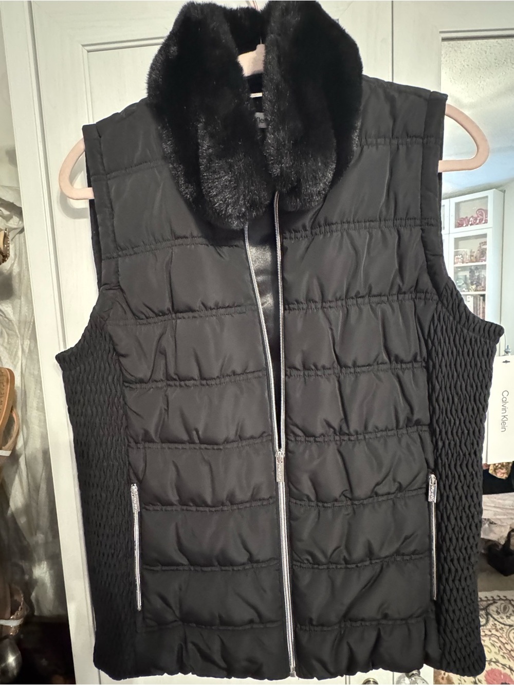 Calvin Klein Black Quilted Vest with Faux Fur Collar